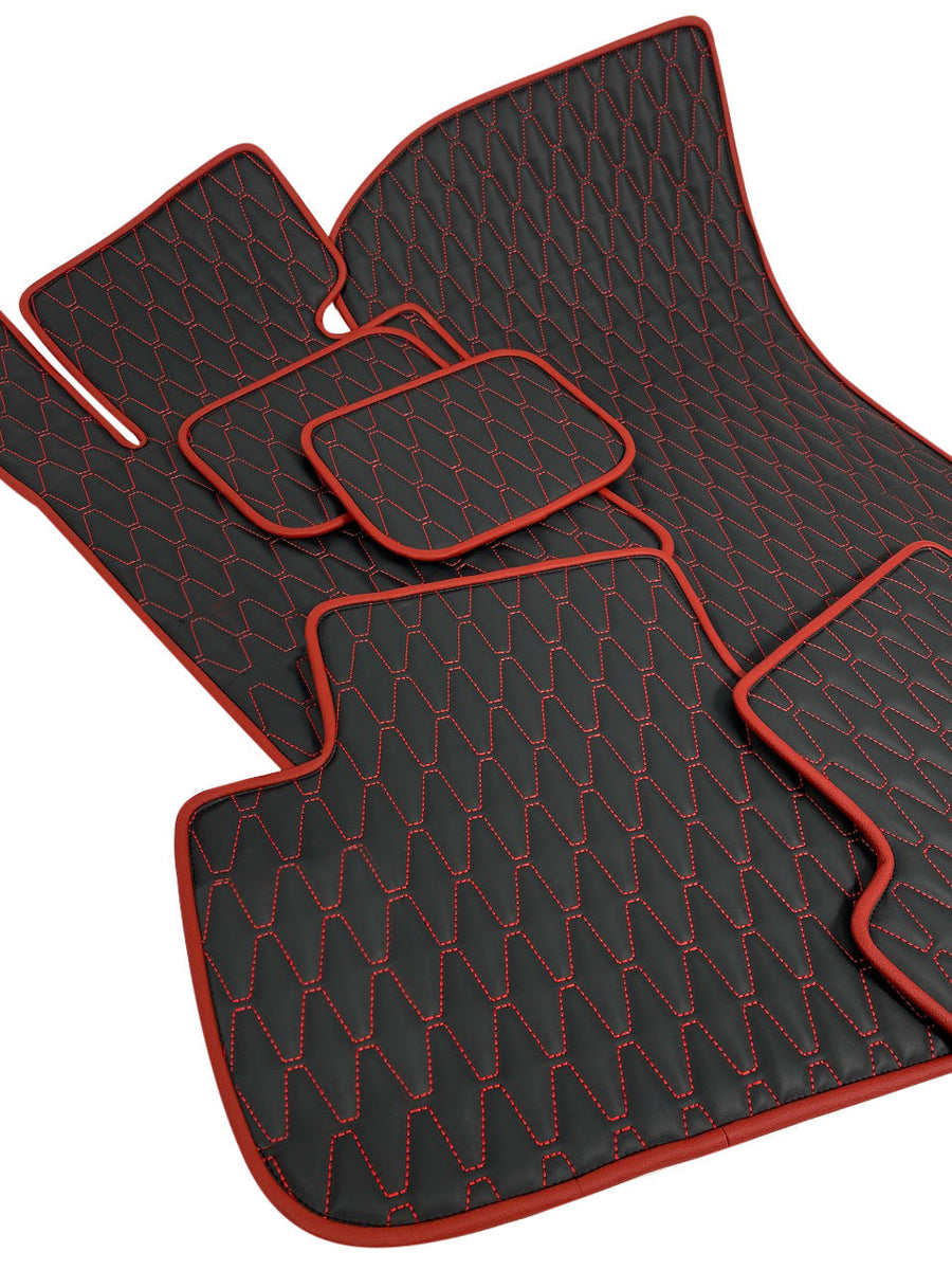 Black with White Red Tesla Model X Leather Floor Mat